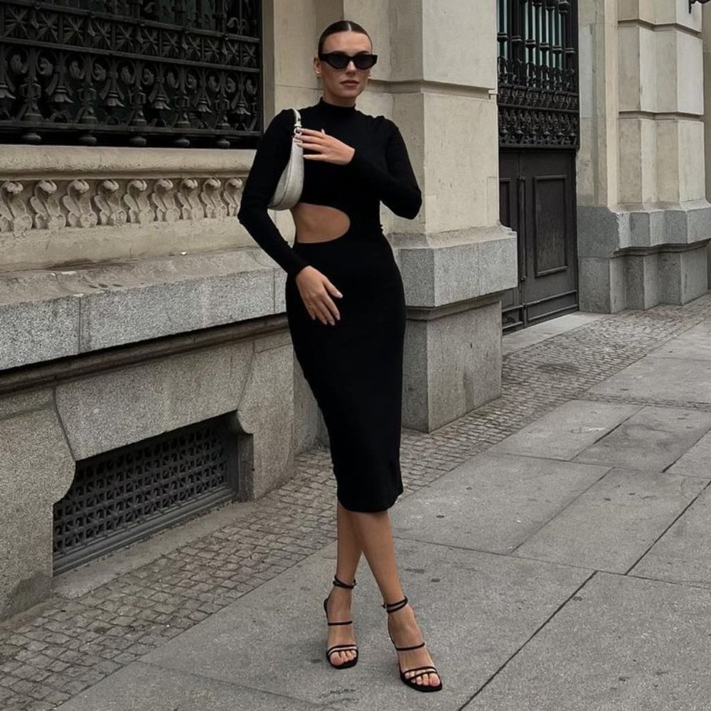Zara Cut Out Rib Midi Dress Black NWT